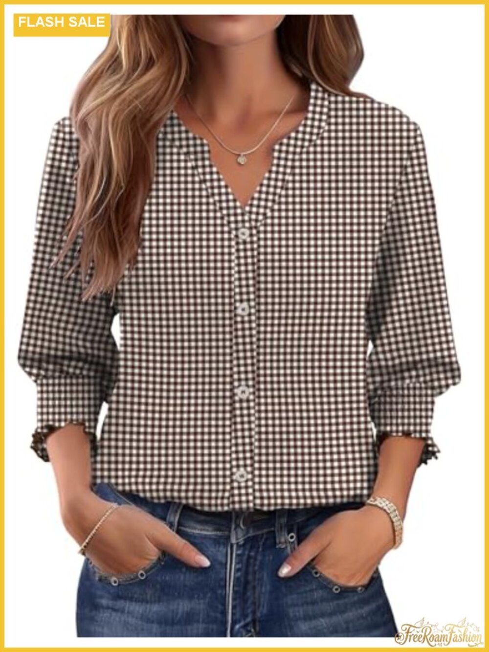Women's 3/4 Sleeve Cotton Plaid Button Down Blouse V-Neck Business Casual